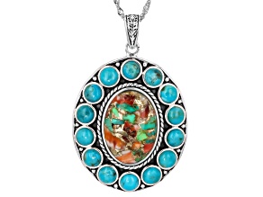 Composite Turquoise Blended With Spiny Oyster Shell Sterling Silver Pendant/Chain, 18x13mm