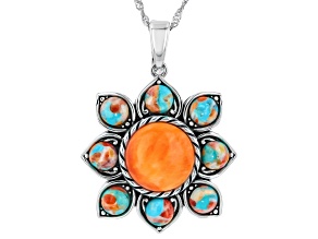 Spiny Oyster with Blended Turquoise & Spiny Rhodium Over Sterling Silver Enhancer Pendant & Chain