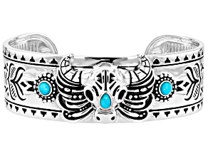 Blue Composite Kingman Turquoise Rhodium Plated  Bull Motif Cuff Bangle