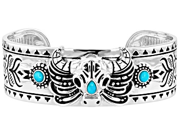 Picture of Blue Composite Kingman Turquoise Rhodium Plated  Bull Motif Cuff Bangle