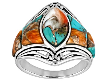 Picture of Blended Blue Composite Turquoise & Orange Spiny Oyster Shell Sterling Silver Ring