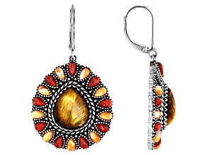 Brown Tigers Eye with Orange Spiny Oyster Shell & Red Sponge Coral Sterling Silver Earrings