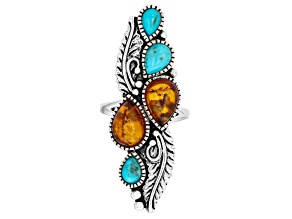 Orange Amber with Blue Composite Turquoise Sterling Silver Ring, 10x7mm