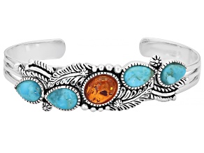 Orange Amber with Blue Composite Turquoise Sterling Silver Cuff Bangle