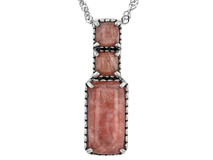 Pink Rhodochrosite Sterling Silver 3-Stone Pendant With Chain 14x7mm, 4mm
