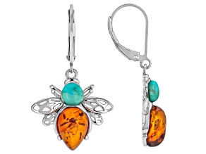 Amber With Blue Composite Turquoise Rhodium Over Sterling Silver Bee Drop Earrings, 10x7mm
