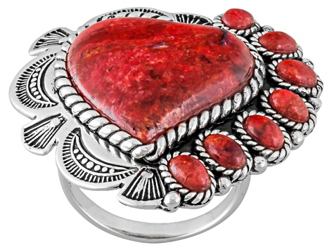 Red Coral Sterling Silver Heart Ring