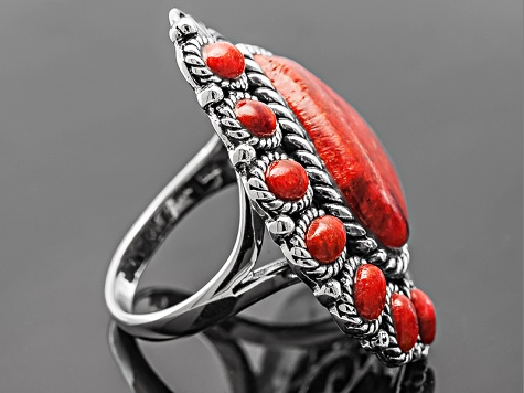 Red Coral Sterling Silver Heart Ring