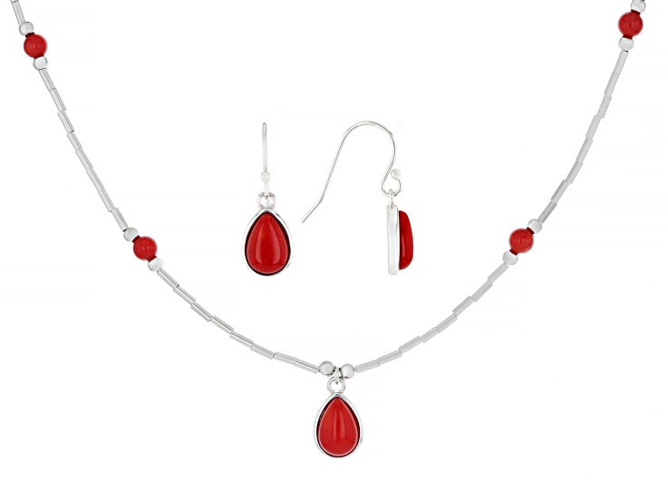 Red Coral Sterling Silver Necklace And Earrings Set 10x7mm & 4mm