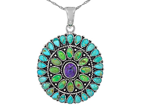 9x7mm Purple, 6x3mm Green & 5x3mm Blue Turquoise Sterling Silver Enhancer With 18" Singapore Chain