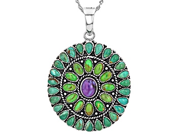 Picture of Purple, Green & Blue Turquoise Rhodium Over Sterling Silver Enhancer With 18" Singapore Chain