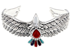 Mixed Shaped Coral & Multi-Stone Sterling Silver Eagle Cuff Bracelet