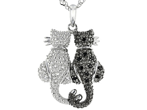 Black Spinel Rhodium Over Sterling Silver Cats Pendant With Chain .18ctw