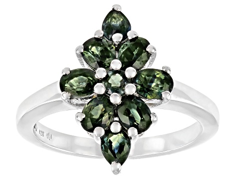 Green Sapphire Rhodium Over Sterling Silver Cluster Ring 1.74ctw