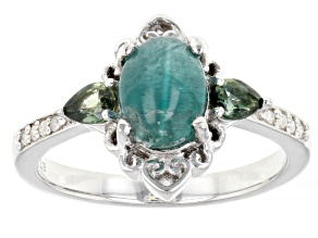 Blue Apatite Cat's Eye With Green Sapphire and Diamond Rhodium Over Silver Ring 0.38ctw