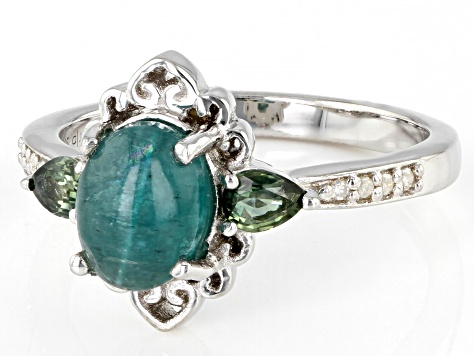 Blue Apatite Cat's Eye With Green Sapphire and Diamond Rhodium Over Silver Ring 0.38ctw