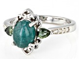 Blue Apatite Cat's Eye With Green Sapphire and Diamond Rhodium Over Silver Ring 0.38ctw