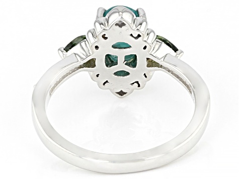 Blue Apatite Cat's Eye With Green Sapphire and Diamond Rhodium Over Silver Ring 0.38ctw