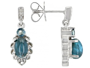 Blue Apatite Cat's Eye With Sapphire and Diamond Rhodium Over Sterling Silver Earrings 0.32ctw