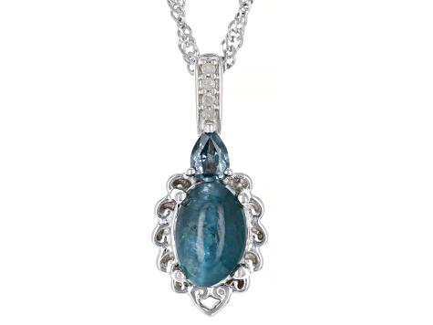 Blue Apatite Cat's Eye With Sapphire and Diamond Rhodium Over Sterling Silver Pendant 0.18ctw