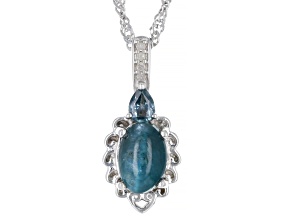 Blue Apatite Cat's Eye With Sapphire and Diamond Rhodium Over Sterling Silver Pendant 0.18ctw