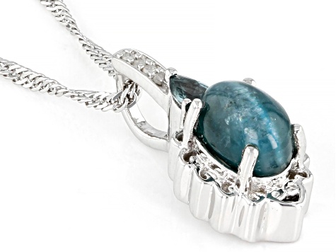 Blue Apatite Cat's Eye With Sapphire and Diamond Rhodium Over Sterling Silver Pendant 0.18ctw