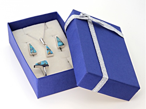 Blue Turquoise Rhodium Over Sterling Silver Jewelry Box Set
