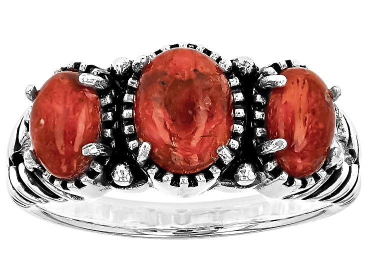 Red Coral Three-Stone Oxidized Sterling Silver Ring 7x5mm & 6x4mm