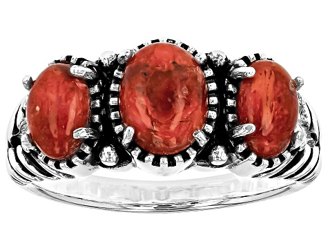 Red Coral Three-Stone Oxidized Sterling Silver Ring 7x5mm & 6x4mm