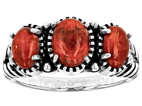 Oval Red Coral Three-Stone Oxidized Sterling Silver Ring