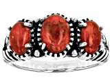 Red Coral Three-Stone Oxidized Sterling Silver Ring 7x5mm & 6x4mm