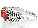 Oval Red Coral Three-Stone Oxidized Sterling Silver Ring