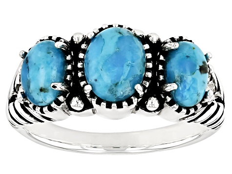 Blue Turquoise Three-Stone Oxidized Sterling Silver Ring