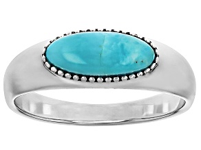 Blue Turquoise Sterling Silver East & West Oxidized Design Solitaire Ring 10x4mm