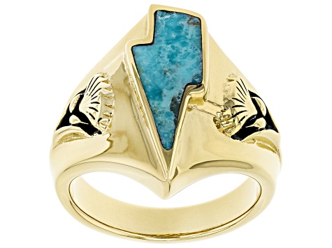 Turquoise 18k Yellow Gold Over Silver Lightning Bolt Mens Ring