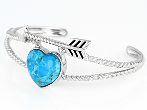 Childrens Turquoise Rhodium Over Sterling Silver Heart And Arrow Cuff Bracelet