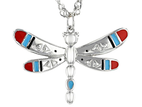Childrens Enamel Rhodium Over Silver Dragonfly Pendant With 12" Chain