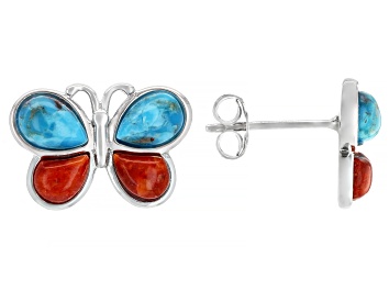 Picture of Childrens Turquoise And Coral Rhodium Over Silver Butterfly Stud Earrings