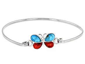 Childrens Turquoise And Coral Rhodium Over Silver Butterfly Bracelet