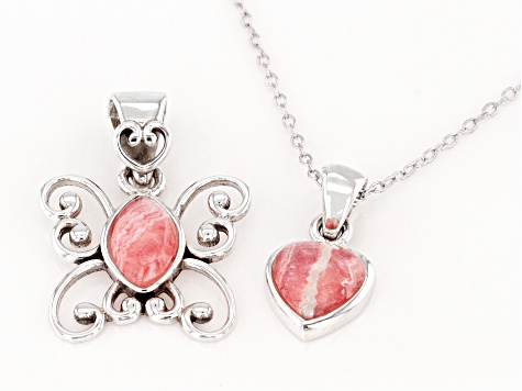 Childrens Rhodochrosite Rhodium Over Silver Butterfly And Heart Pendant Set With 12" Chain