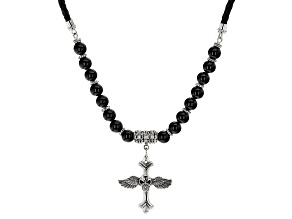 Mens Black Onyx Rhodium Over Silver Skull & Cross Necklace With Leather Cord