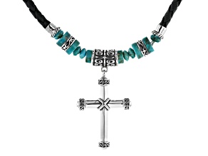 Mens Turquoise Rhodium Over Silver And Leather Cross Necklace