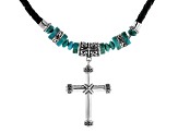 Mens Turquoise Rhodium Over Silver And Leather Cross Necklace