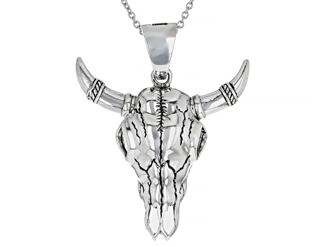 Rhodium Over Silver Cattle Skull Enhancer With 24" Chain