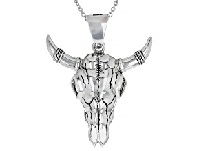 Mens Rhodium Over Silver Cattle Skull Enhancer With 24" Chain