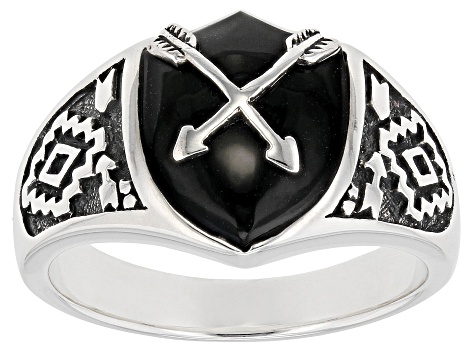 Mens Black Onyx Rhodium Over Silver Arrow Overlay Ring