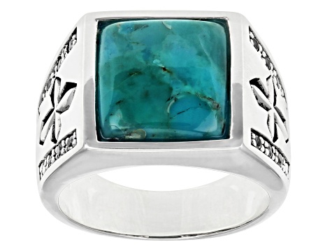 Mens Turquoise And White Topaz Rhodium Over Silver Cross Detail Ring 0.17ctw