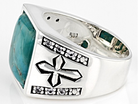 Blue Turquoise And Topaz Rhodium Over Silver Mens Cross Detail Ring 0.17ctw