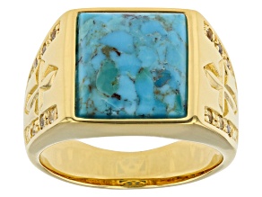 Blue Turquoise and White Topaz 18k Yellow Gold Over Silver Men's Ring .20ctw