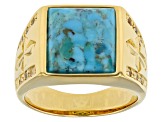 Blue Turquoise and White Topaz 18k Yellow Gold Over Silver Men's Ring .20ctw